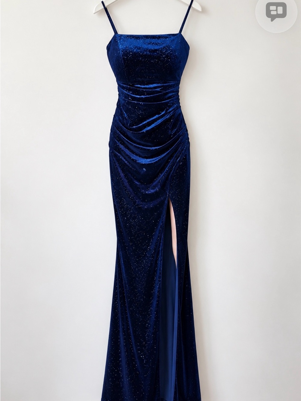Honey & Rosie XS Navy Blue Glitter Velvet Ruched Maxi Formal Gown – Side Slit